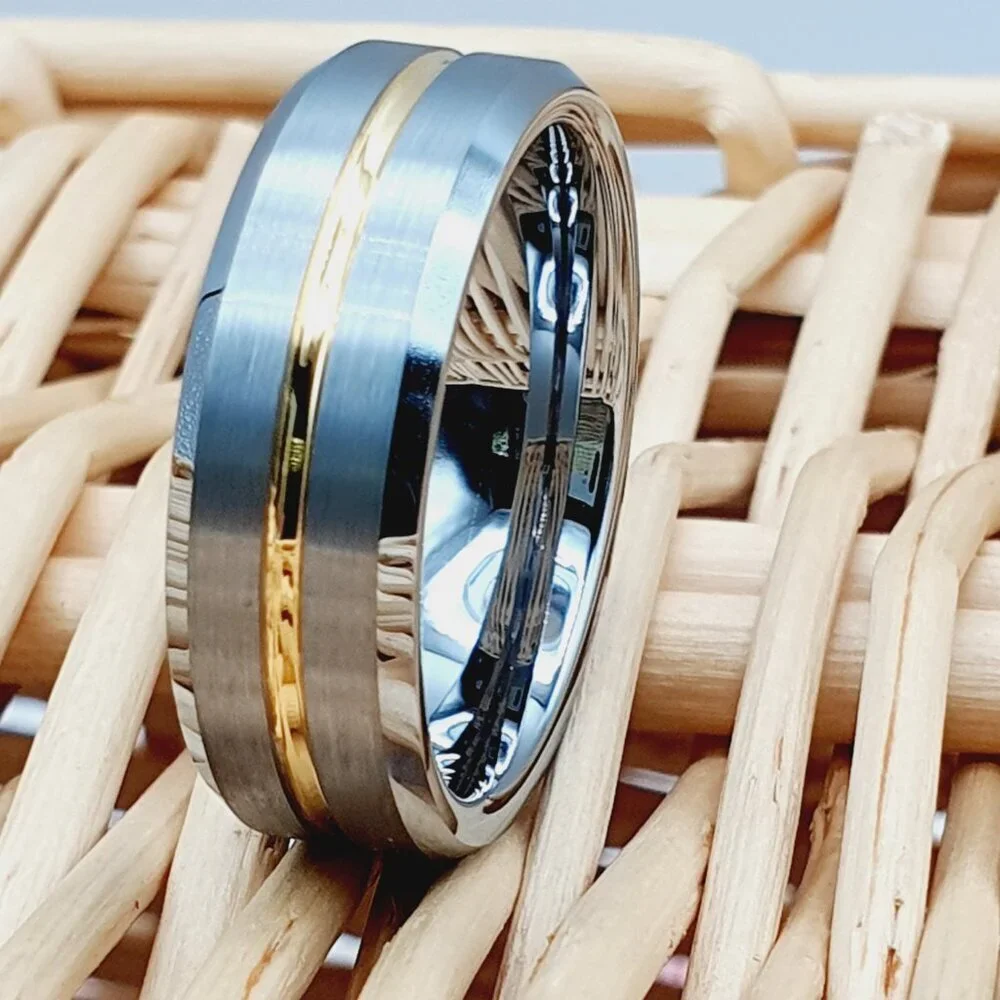 Two-Tone Tungsten Carbide Ring with Gold Groove Accent W131 - Picture 1 of 5